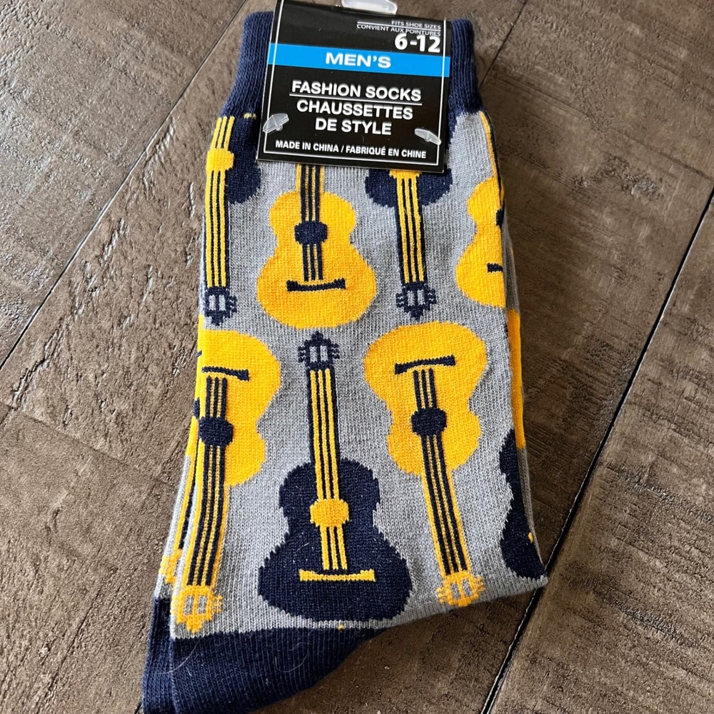 Fashion Socks Guitar Music Pattern Mens Size 6-12 Gray Yellow Navy Blue Novelty